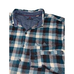 Woolrich Flannel Shirt Mens Large Blue Brown Plaid Button Up Outdoors Gorp